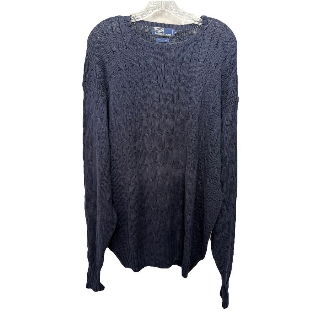 Vintage 90s Polo Ralph Lauren Mens Cable Knit Sweater Cotton Size XL Blue